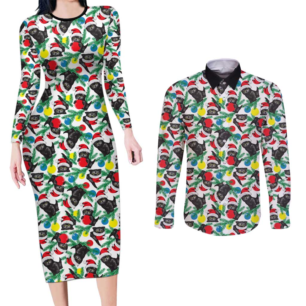 Black Cat Christmas Christmas Couples Matching Long Sleeve Bodycon Dress and Long Sleeve Button Shirt Xmas Holiday Patterns - Wonder Print Shop