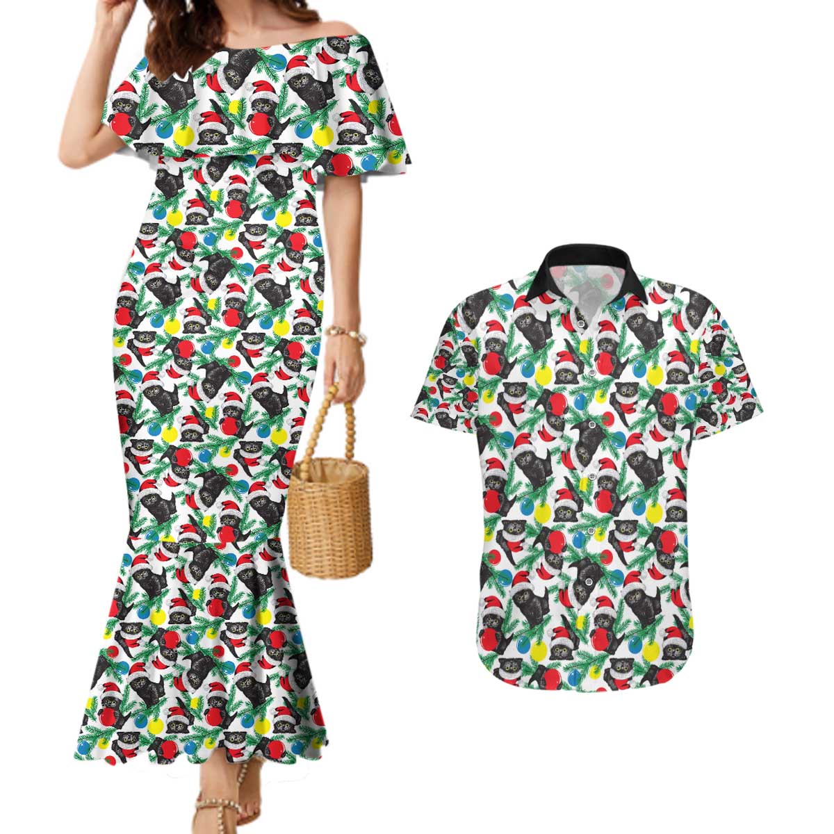 Black Cat Christmas Christmas Couples Matching Mermaid Dress and Hawaiian Shirt Xmas Holiday Patterns - Wonder Print Shop