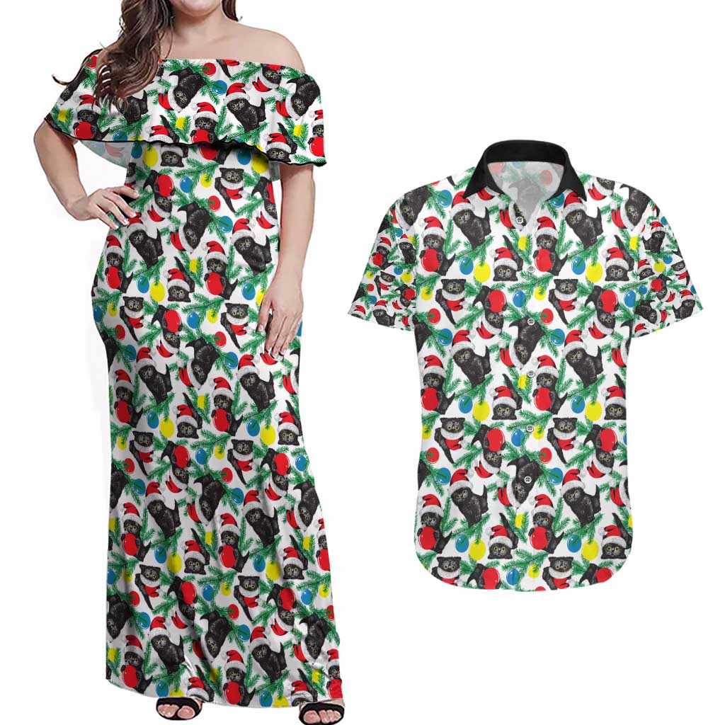 Black Cat Christmas Christmas Couples Matching Off Shoulder Maxi Dress and Hawaiian Shirt Xmas Holiday Patterns - Wonder Print Shop