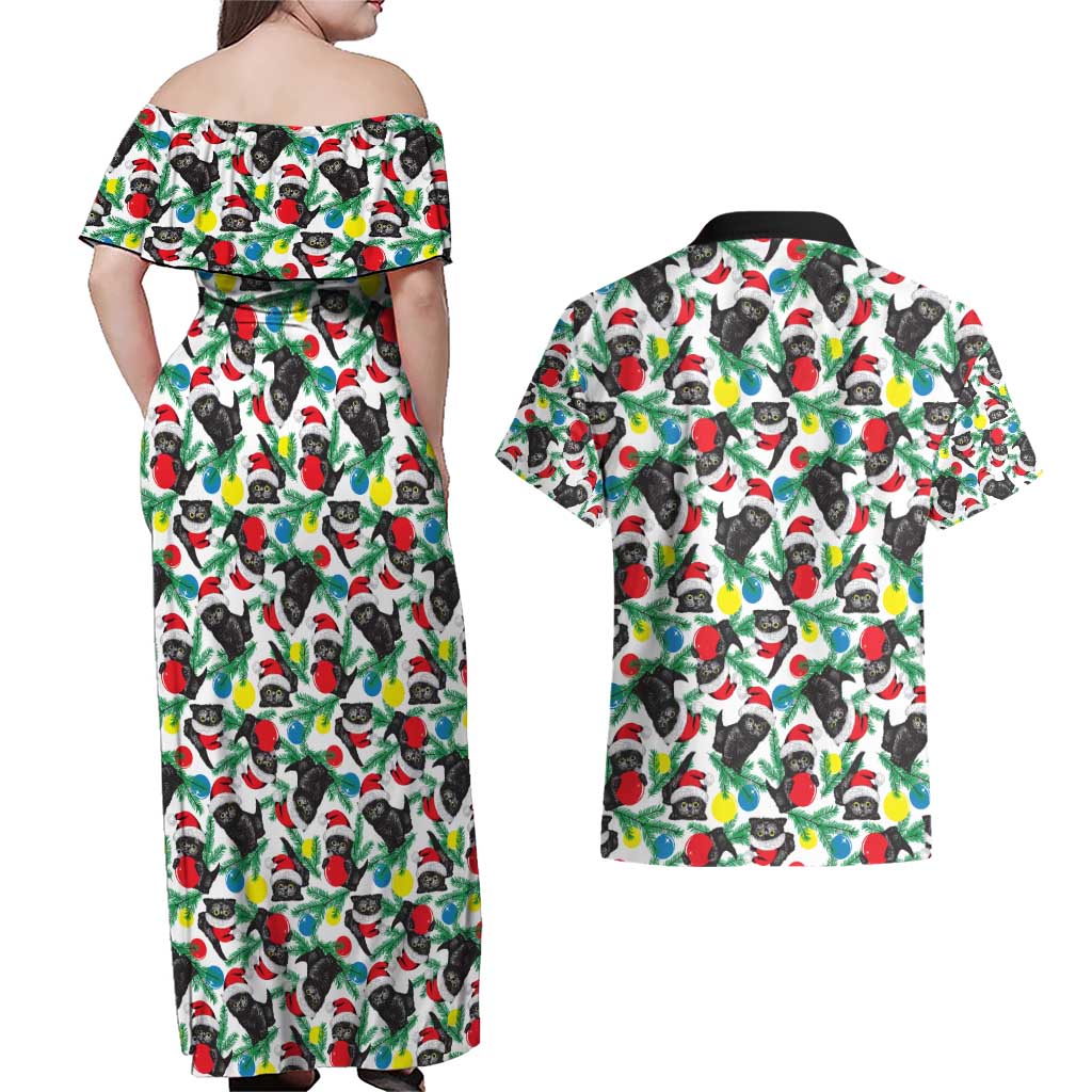 Black Cat Christmas Christmas Couples Matching Off Shoulder Maxi Dress and Hawaiian Shirt Xmas Holiday Patterns - Wonder Print Shop