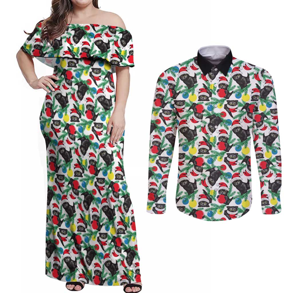 Black Cat Christmas Christmas Couples Matching Off Shoulder Maxi Dress and Long Sleeve Button Shirt Xmas Holiday Patterns - Wonder Print Shop