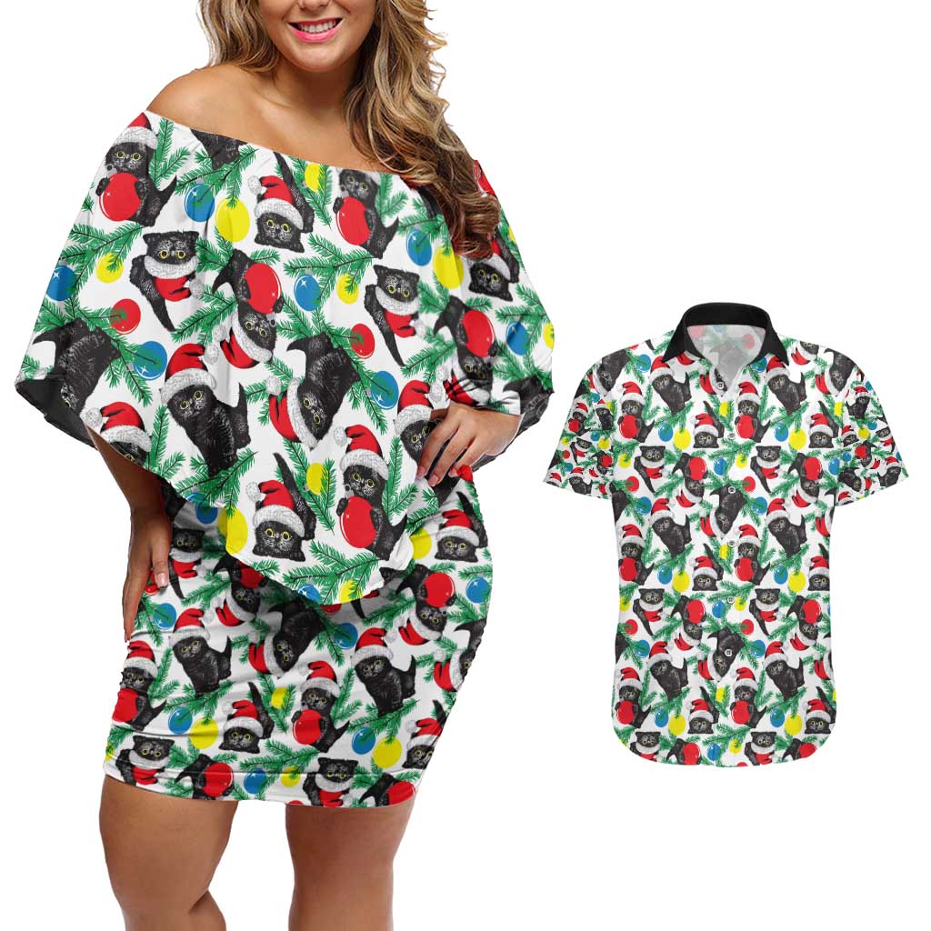 Black Cat Christmas Christmas Couples Matching Off Shoulder Short Dress and Hawaiian Shirt Xmas Holiday Patterns - Wonder Print Shop