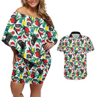 Black Cat Christmas Christmas Couples Matching Off Shoulder Short Dress and Hawaiian Shirt Xmas Holiday Patterns - Wonder Print Shop
