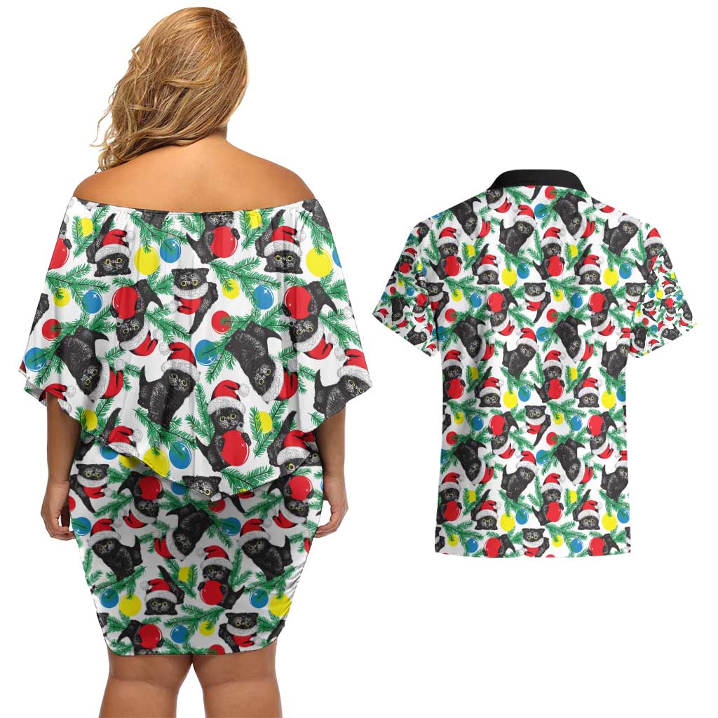 Black Cat Christmas Christmas Couples Matching Off Shoulder Short Dress and Hawaiian Shirt Xmas Holiday Patterns - Wonder Print Shop