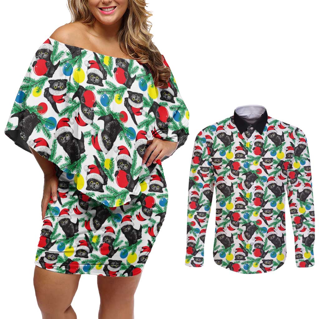 Black Cat Christmas Christmas Couples Matching Off Shoulder Short Dress and Long Sleeve Button Shirt Xmas Holiday Patterns - Wonder Print Shop