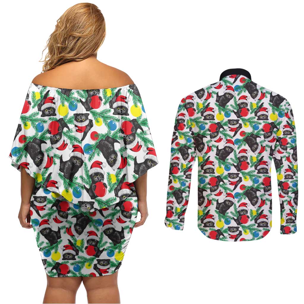 Black Cat Christmas Christmas Couples Matching Off Shoulder Short Dress and Long Sleeve Button Shirt Xmas Holiday Patterns - Wonder Print Shop