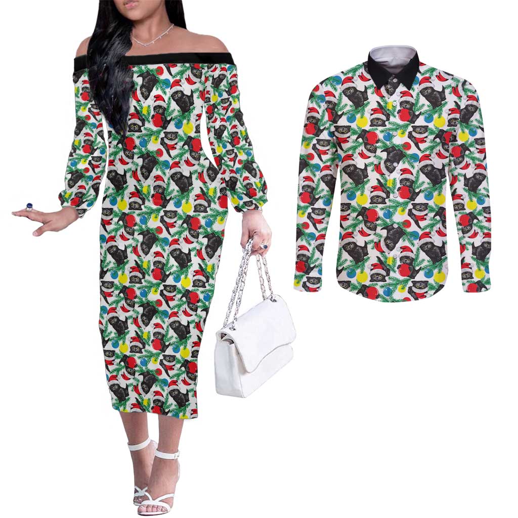 Black Cat Christmas Christmas Couples Matching Off The Shoulder Long Sleeve Dress and Long Sleeve Button Shirt Xmas Holiday Patterns - Wonder Print Shop