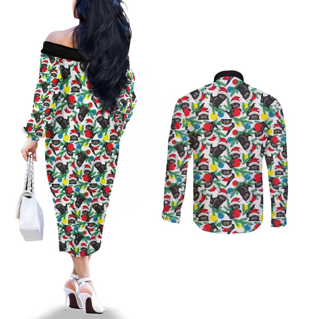 Black Cat Christmas Christmas Couples Matching Off The Shoulder Long Sleeve Dress and Long Sleeve Button Shirt Xmas Holiday Patterns - Wonder Print Shop