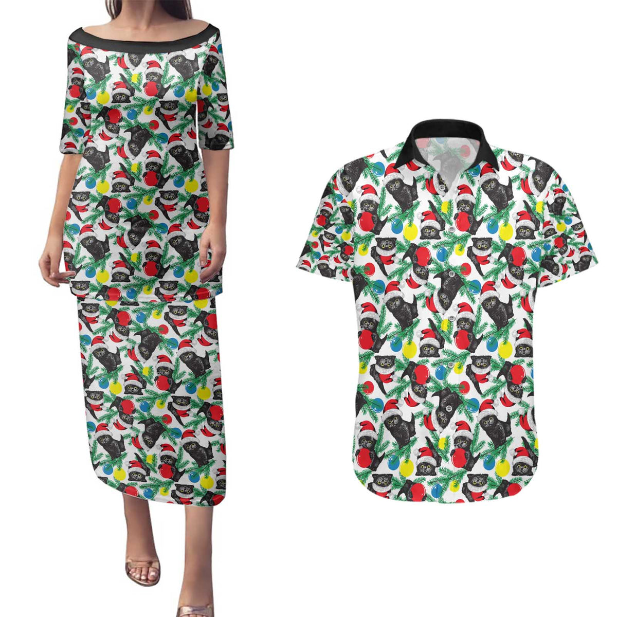 Black Cat Christmas Christmas Couples Matching Puletasi and Hawaiian Shirt Xmas Holiday Patterns - Wonder Print Shop