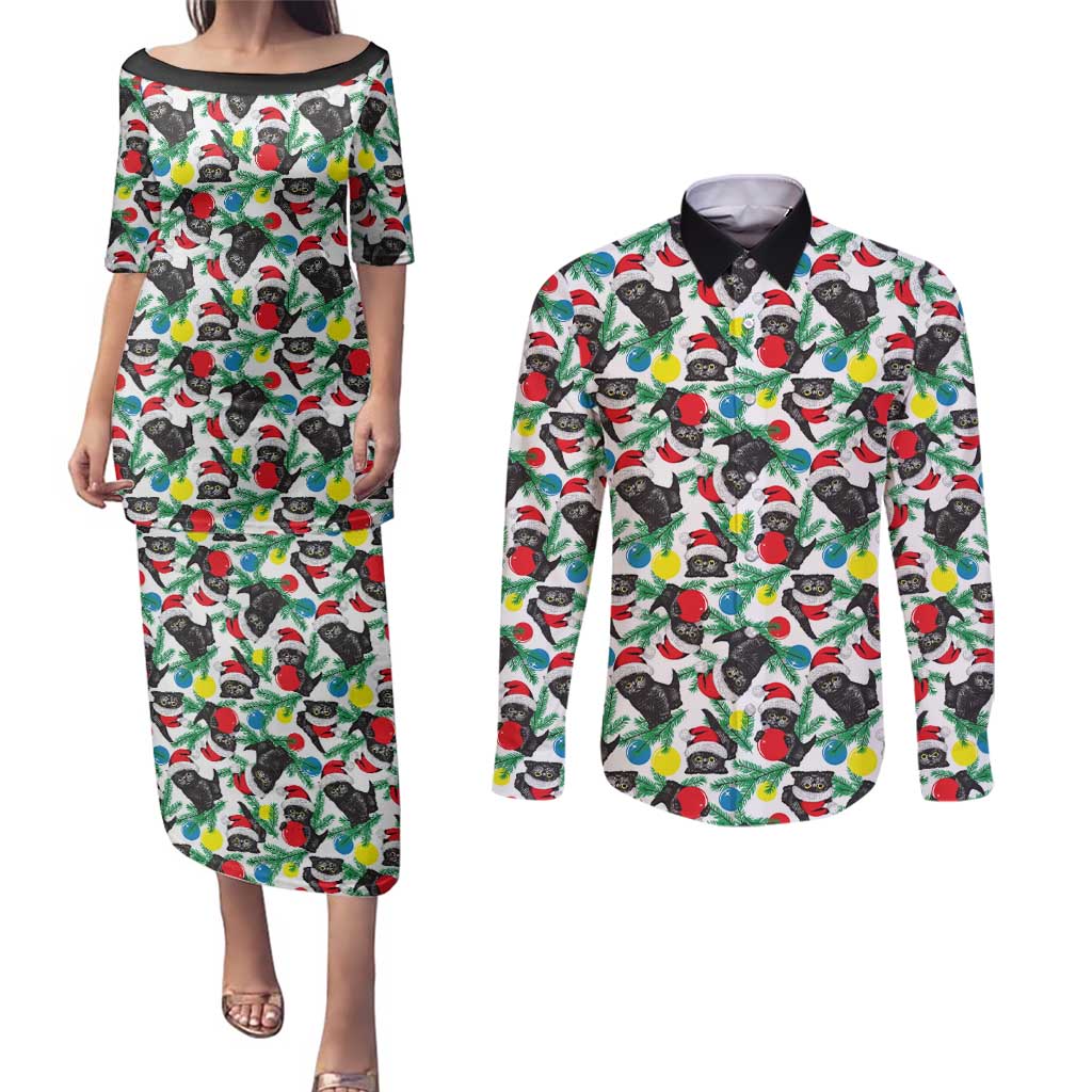 Black Cat Christmas Christmas Couples Matching Puletasi and Long Sleeve Button Shirt Xmas Holiday Patterns - Wonder Print Shop
