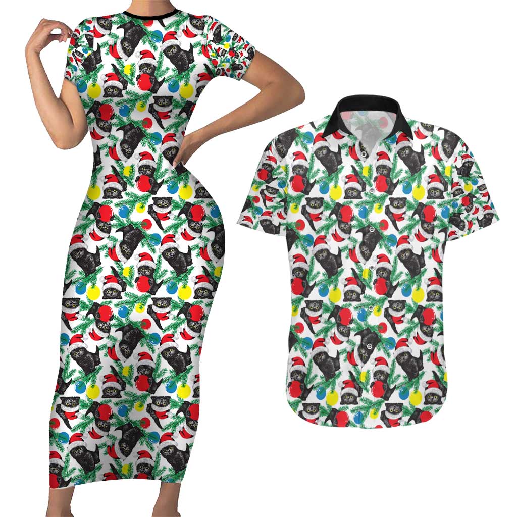 Black Cat Christmas Christmas Couples Matching Short Sleeve Bodycon Dress and Hawaiian Shirt Xmas Holiday Patterns - Wonder Print Shop