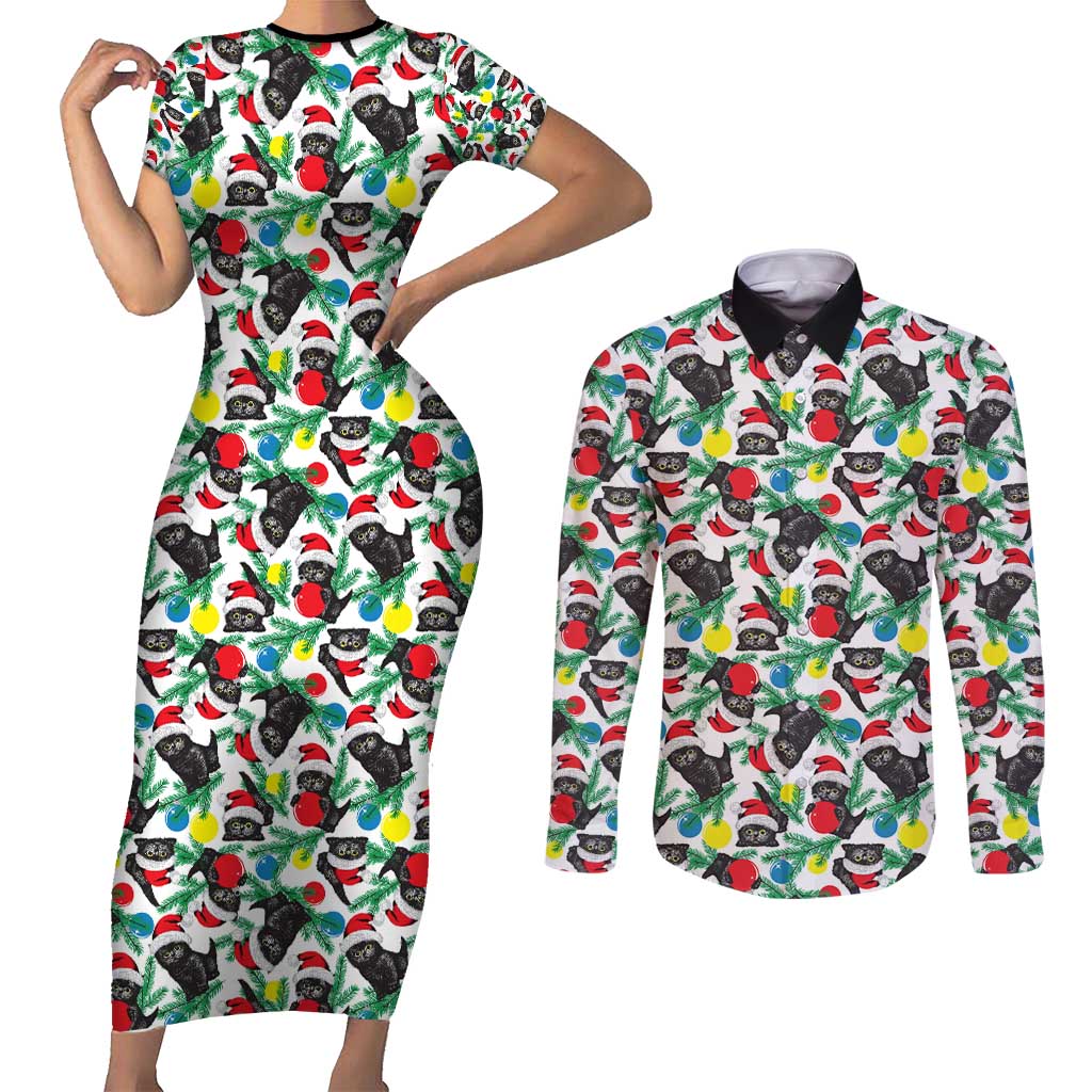 Black Cat Christmas Christmas Couples Matching Short Sleeve Bodycon Dress and Long Sleeve Button Shirt Xmas Holiday Patterns - Wonder Print Shop