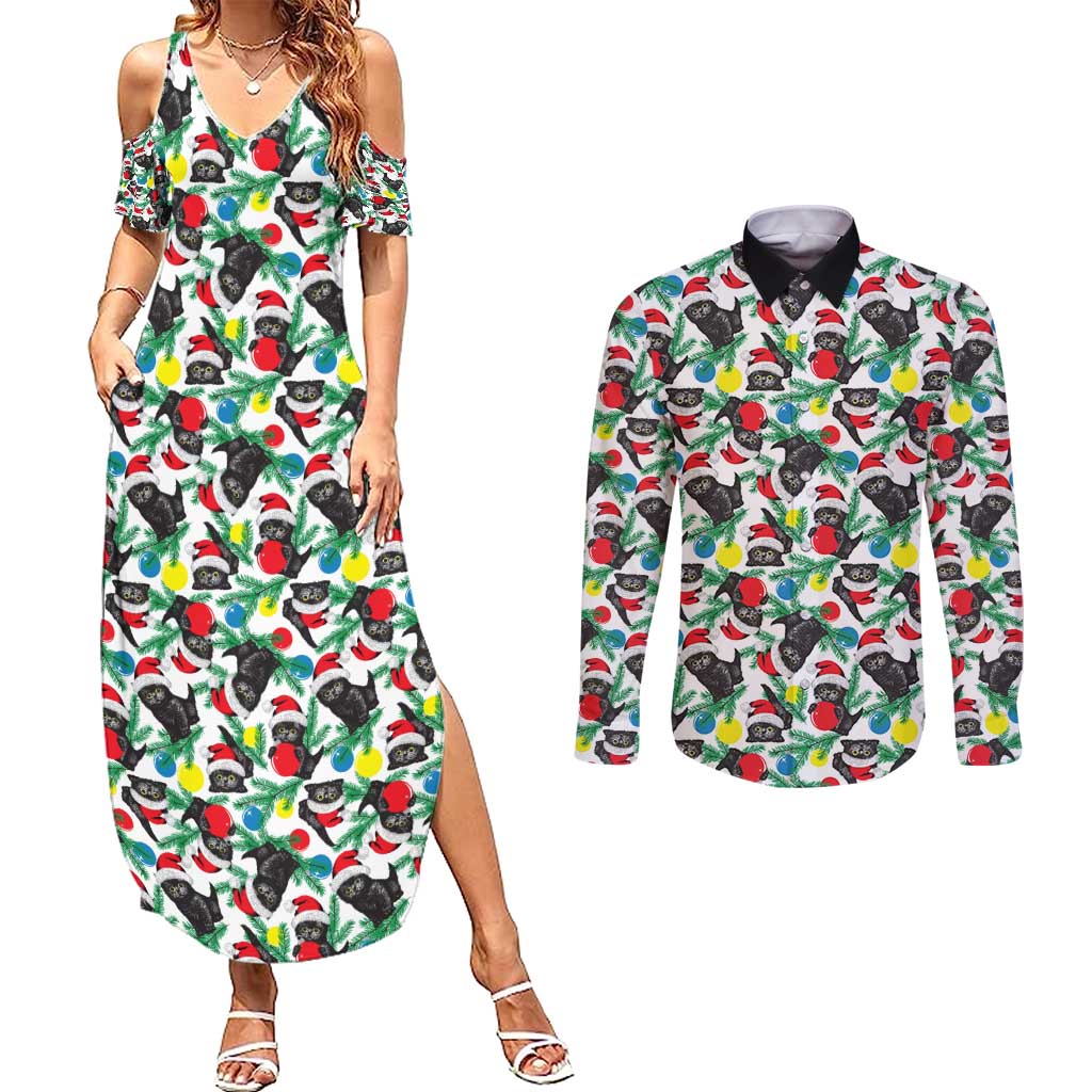 Black Cat Christmas Christmas Couples Matching Summer Maxi Dress and Long Sleeve Button Shirt Xmas Holiday Patterns - Wonder Print Shop