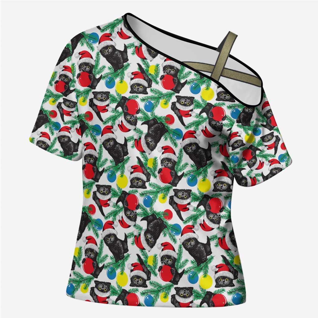Black Cat Christmas Christmas Cross Shoulder Shirt Xmas Holiday Patterns - Wonder Print Shop