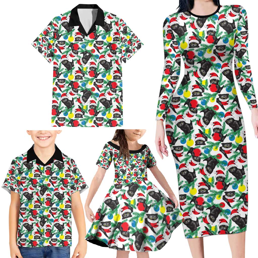 Black Cat Christmas Christmas Family Matching Long Sleeve Bodycon Dress and Hawaiian Shirt Xmas Holiday Patterns - Wonder Print Shop