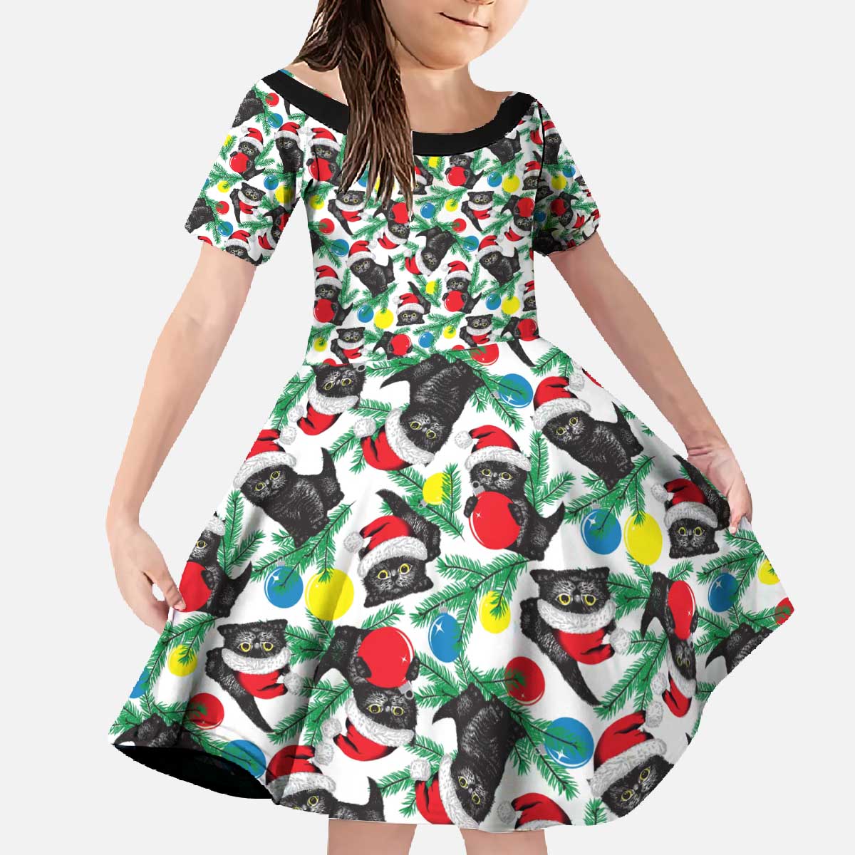 Black Cat Christmas Christmas Family Matching Off The Shoulder Long Sleeve Dress and Hawaiian Shirt Xmas Holiday Patterns - Wonder Print Shop