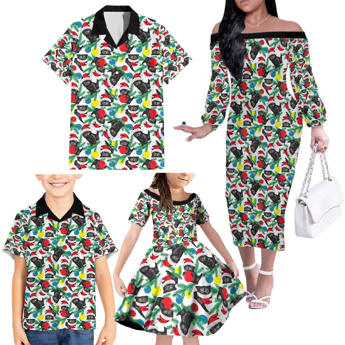 Black Cat Christmas Christmas Family Matching Off The Shoulder Long Sleeve Dress and Hawaiian Shirt Xmas Holiday Patterns - Wonder Print Shop