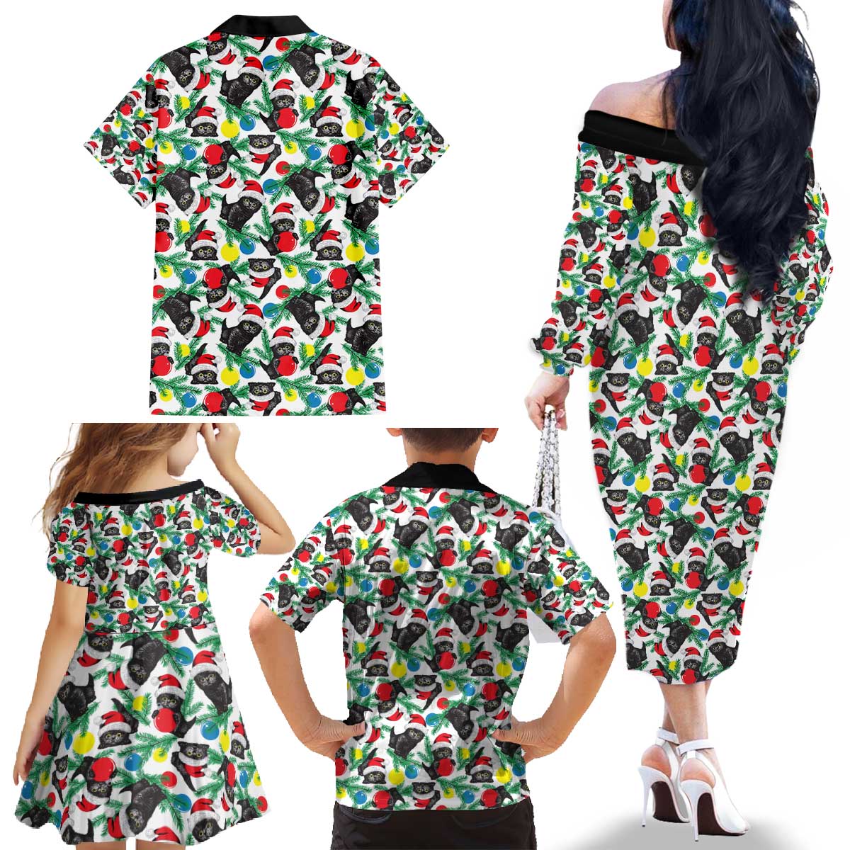 Black Cat Christmas Christmas Family Matching Off The Shoulder Long Sleeve Dress and Hawaiian Shirt Xmas Holiday Patterns - Wonder Print Shop