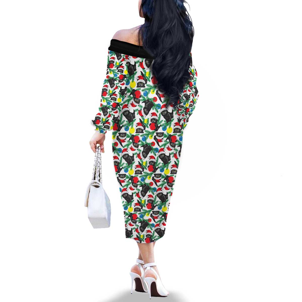 Black Cat Christmas Christmas Family Matching Off The Shoulder Long Sleeve Dress and Hawaiian Shirt Xmas Holiday Patterns - Wonder Print Shop