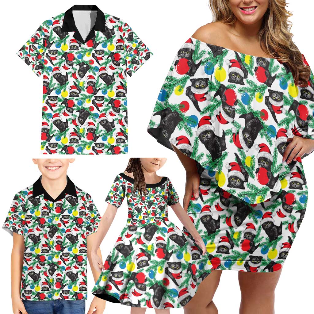 Black Cat Christmas Christmas Family Matching Off Shoulder Short Dress and Hawaiian Shirt Xmas Holiday Patterns - Wonder Print Shop
