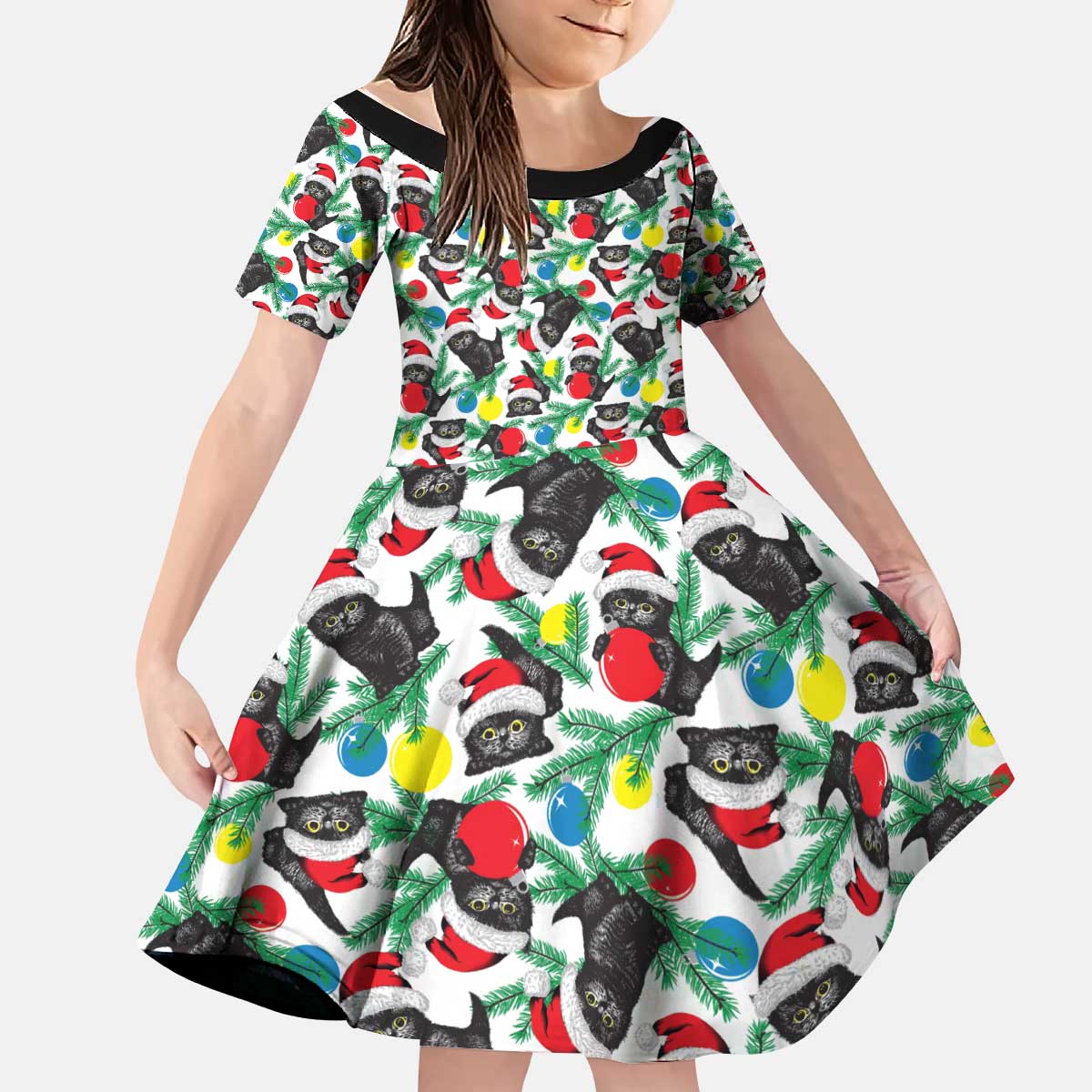 Black Cat Christmas Christmas Kid Short Sleeve Dress Xmas Holiday Patterns - Wonder Print Shop