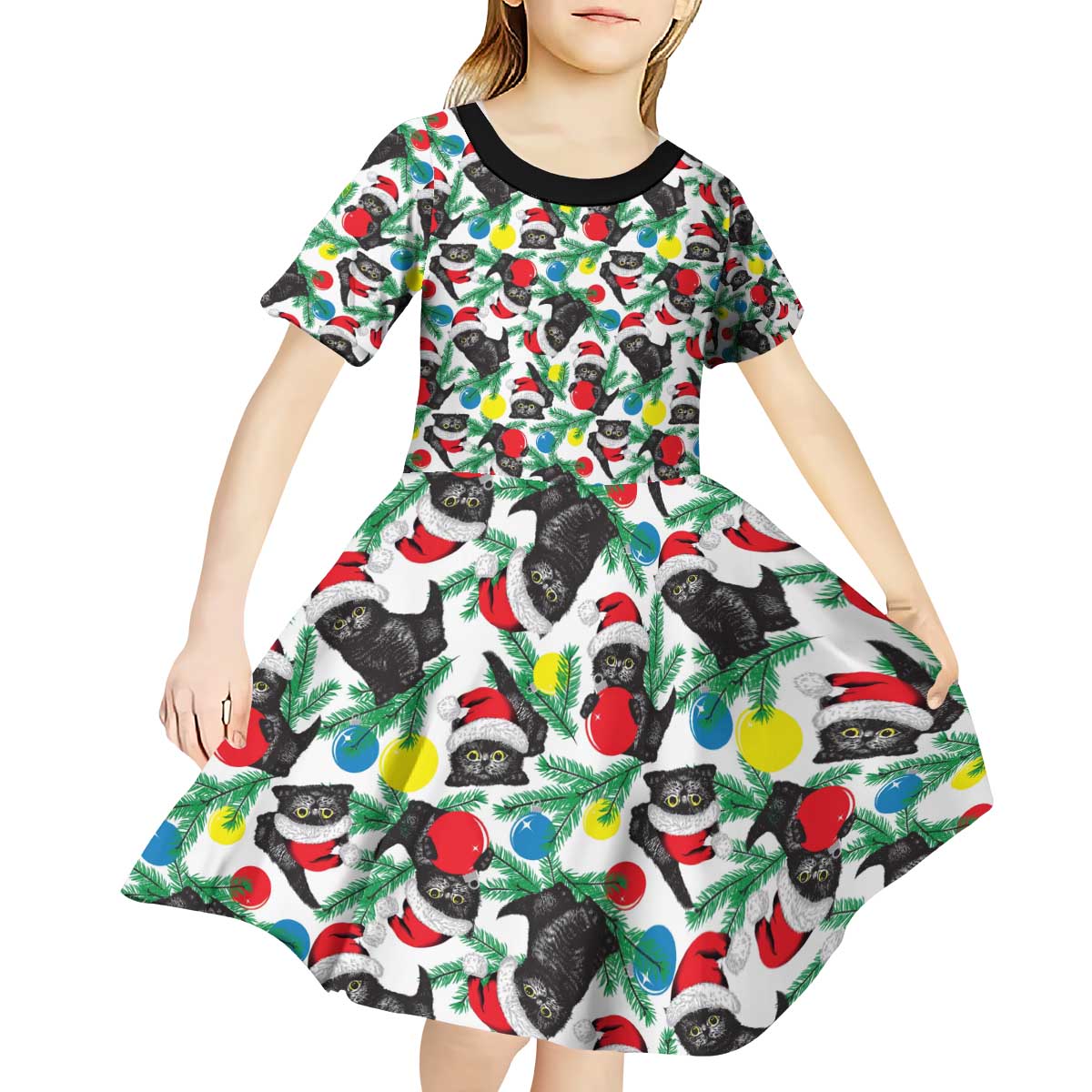 Black Cat Christmas Christmas Kid Short Sleeve Dress Xmas Holiday Patterns - Wonder Print Shop