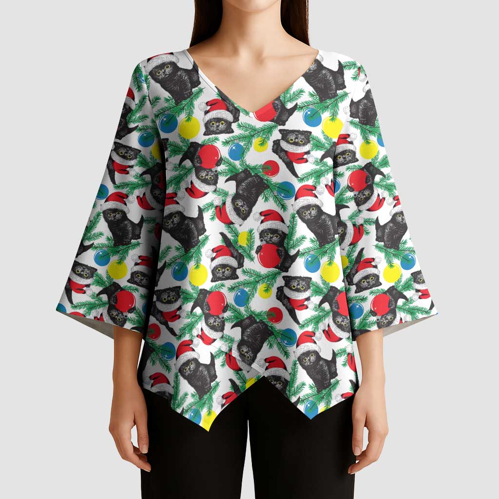 Black Cat Christmas Christmas Kimono Sleeve Blouse Xmas Holiday Patterns - Wonder Print Shop