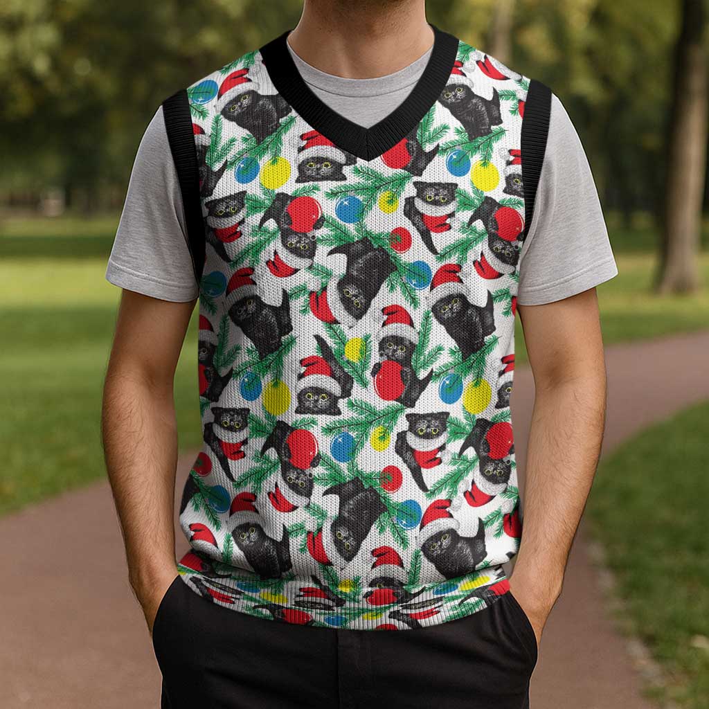 Black Cat Christmas Christmas Knitted V-Neck Vest Xmas Holiday Patterns - Wonder Print Shop