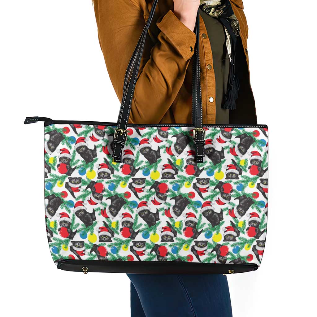 Black Cat Christmas Christmas Leather Tote Bag Xmas Holiday Patterns - Wonder Print Shop
