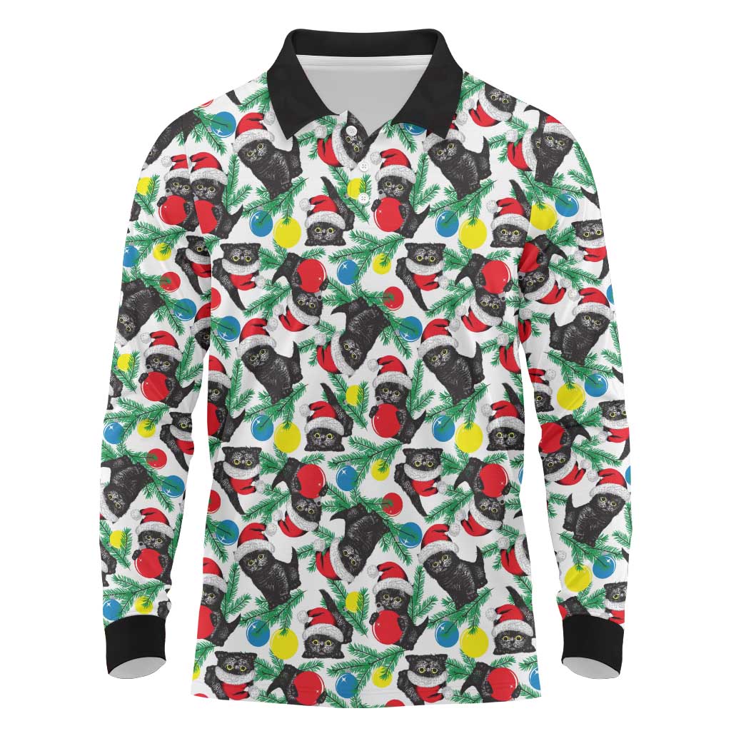 Black Cat Christmas Christmas Long Sleeve Polo Shirt Xmas Holiday Patterns - Wonder Print Shop