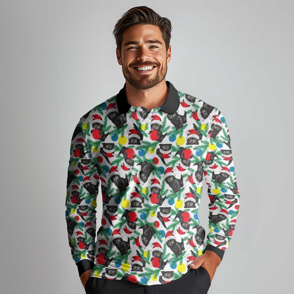 Black Cat Christmas Christmas Long Sleeve Polo Shirt Xmas Holiday Patterns - Wonder Print Shop