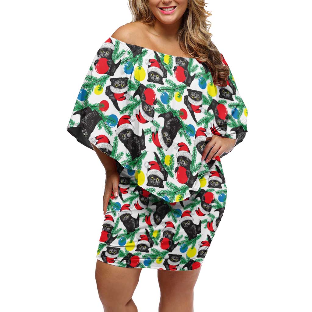 Black Cat Christmas Christmas Off Shoulder Short Dress Xmas Holiday Patterns - Wonder Print Shop