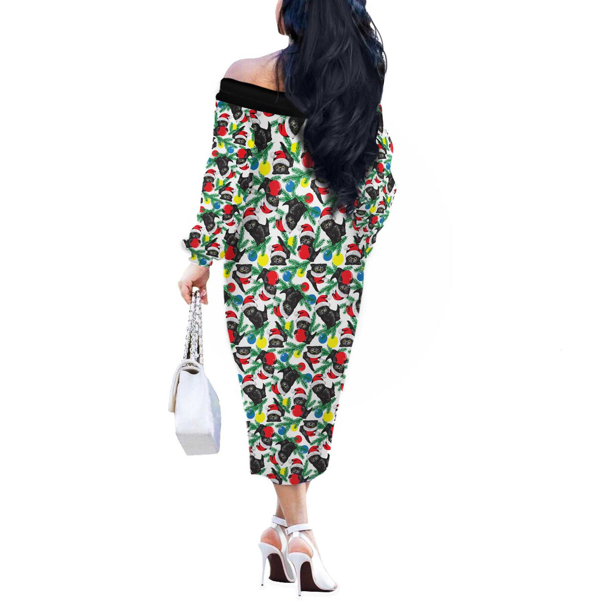 Black Cat Christmas Christmas Off The Shoulder Long Sleeve Dress Xmas Holiday Patterns - Wonder Print Shop