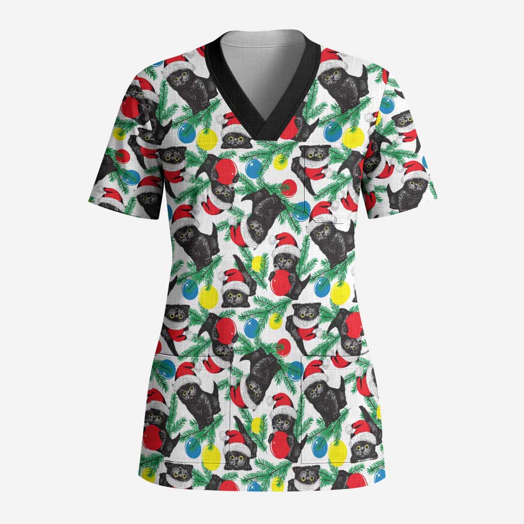 Black Cat Christmas Christmas Scrub Top Xmas Holiday Patterns - Wonder Print Shop