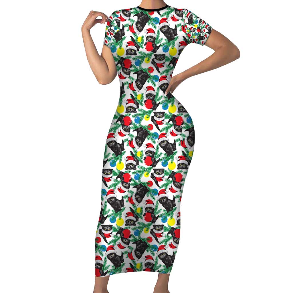 Black Cat Christmas Christmas Short Sleeve Bodycon Dress Xmas Holiday Patterns - Wonder Print Shop