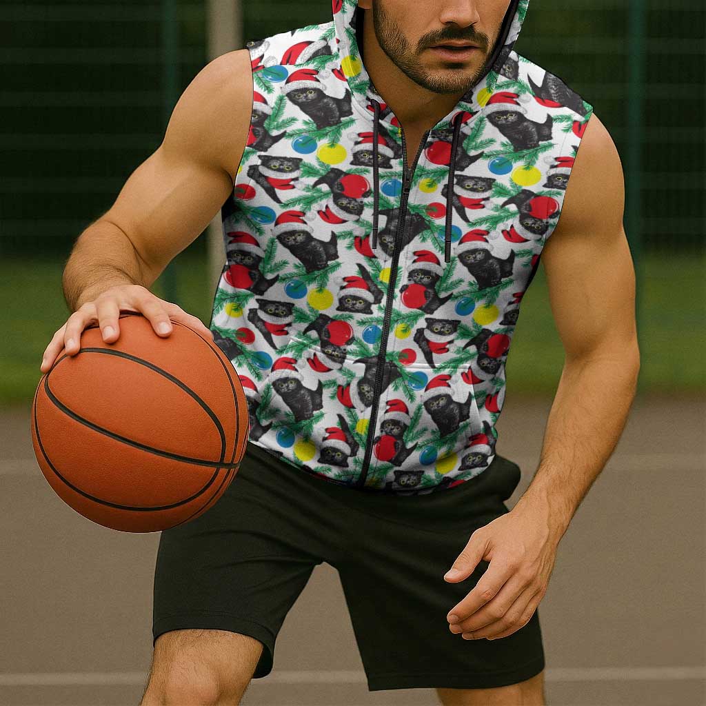Black Cat Christmas Christmas Sleeveless Zip Hoodie Xmas Holiday Patterns - Wonder Print Shop