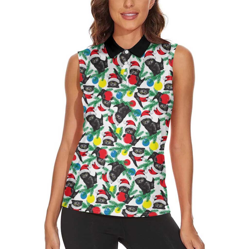 Black Cat Christmas Christmas Women Sleeveless Polo Shirt Xmas Holiday Patterns - Wonder Print Shop