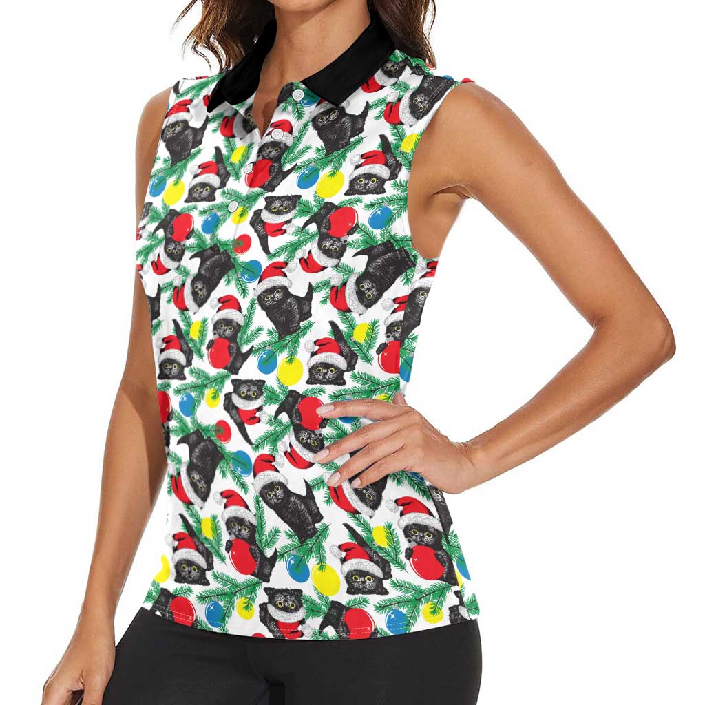 Black Cat Christmas Christmas Women Sleeveless Polo Shirt Xmas Holiday Patterns - Wonder Print Shop