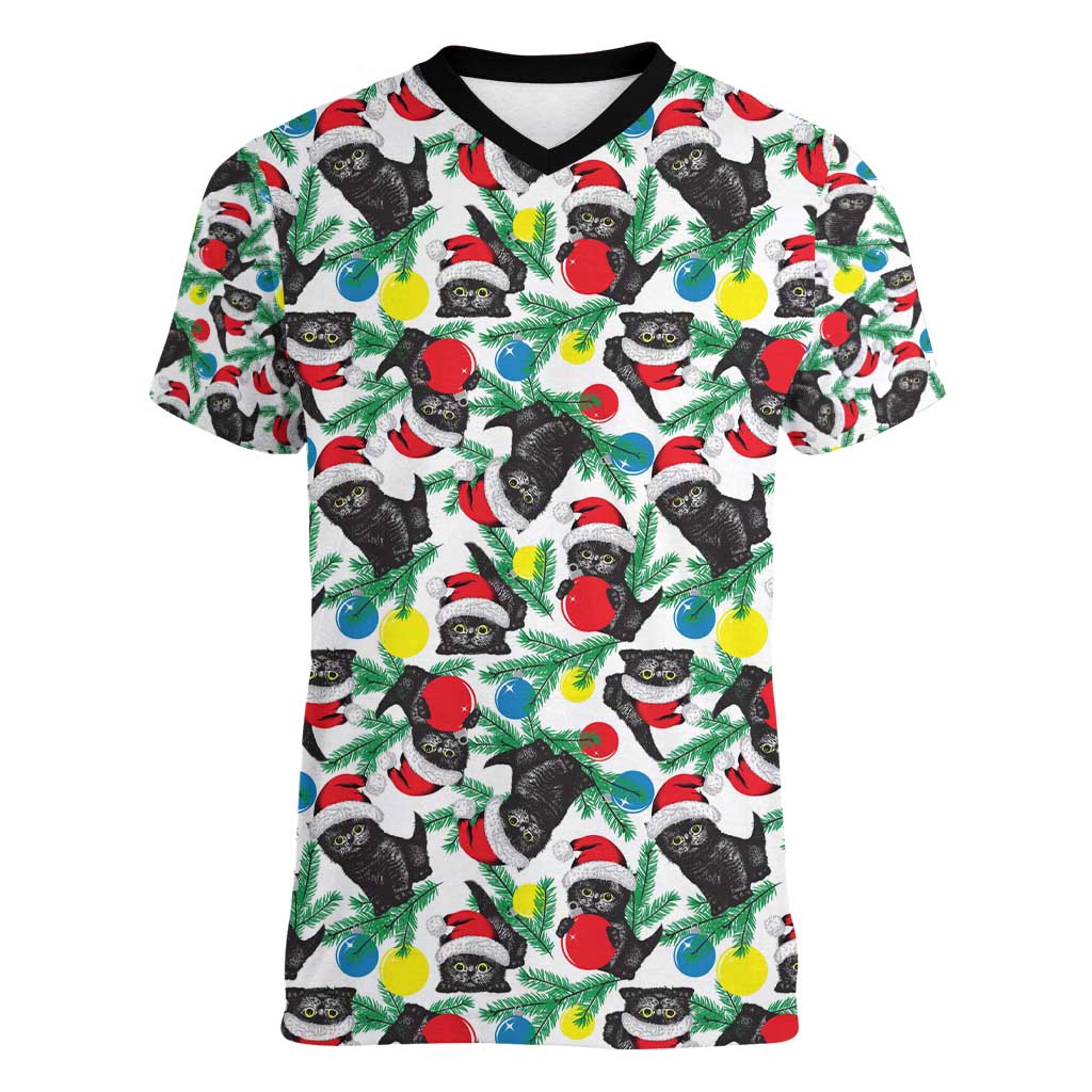 Black Cat Christmas Christmas Women V-Neck T-Shirt Xmas Holiday Patterns - Wonder Print Shop
