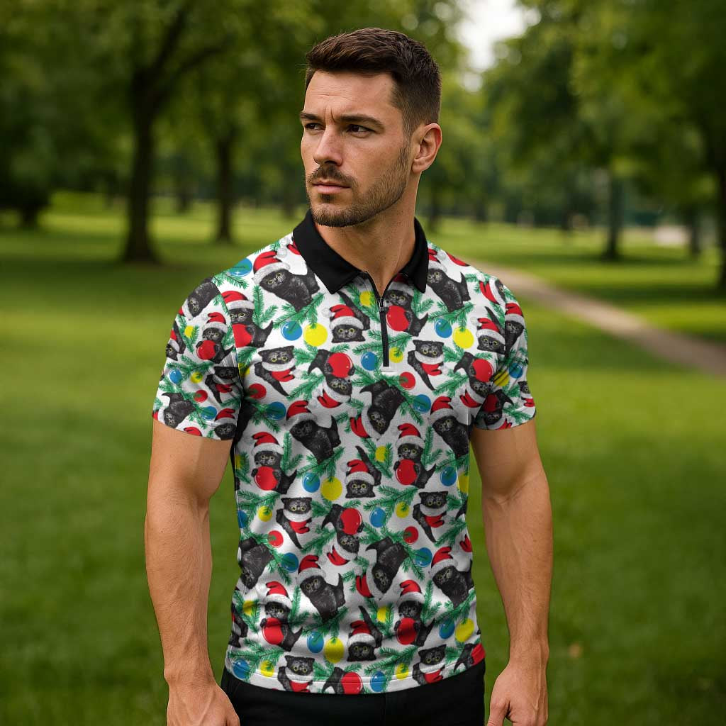 Black Cat Christmas Christmas Zipper Polo Shirt Xmas Holiday Patterns - Wonder Print Shop