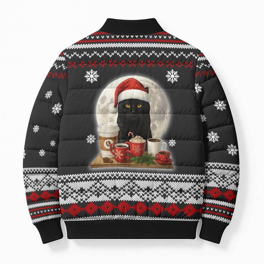Black Cat Run On Coffee Bomber Puffer Jacket Xmas Holiday Patterns - Wonder Print Shop
