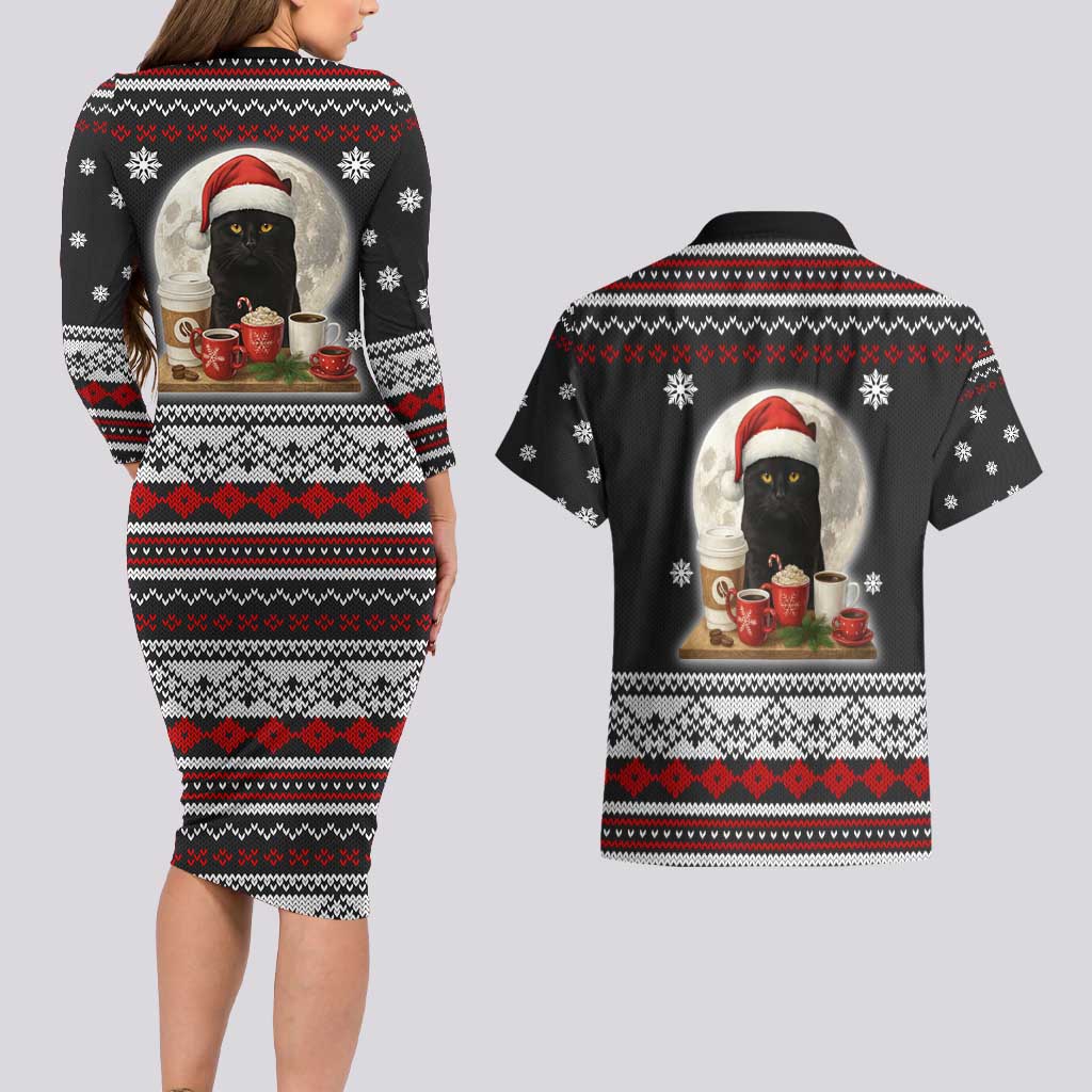Black Cat Run On Coffee Couples Matching Long Sleeve Bodycon Dress and Hawaiian Shirt Xmas Holiday Patterns - Wonder Print Shop