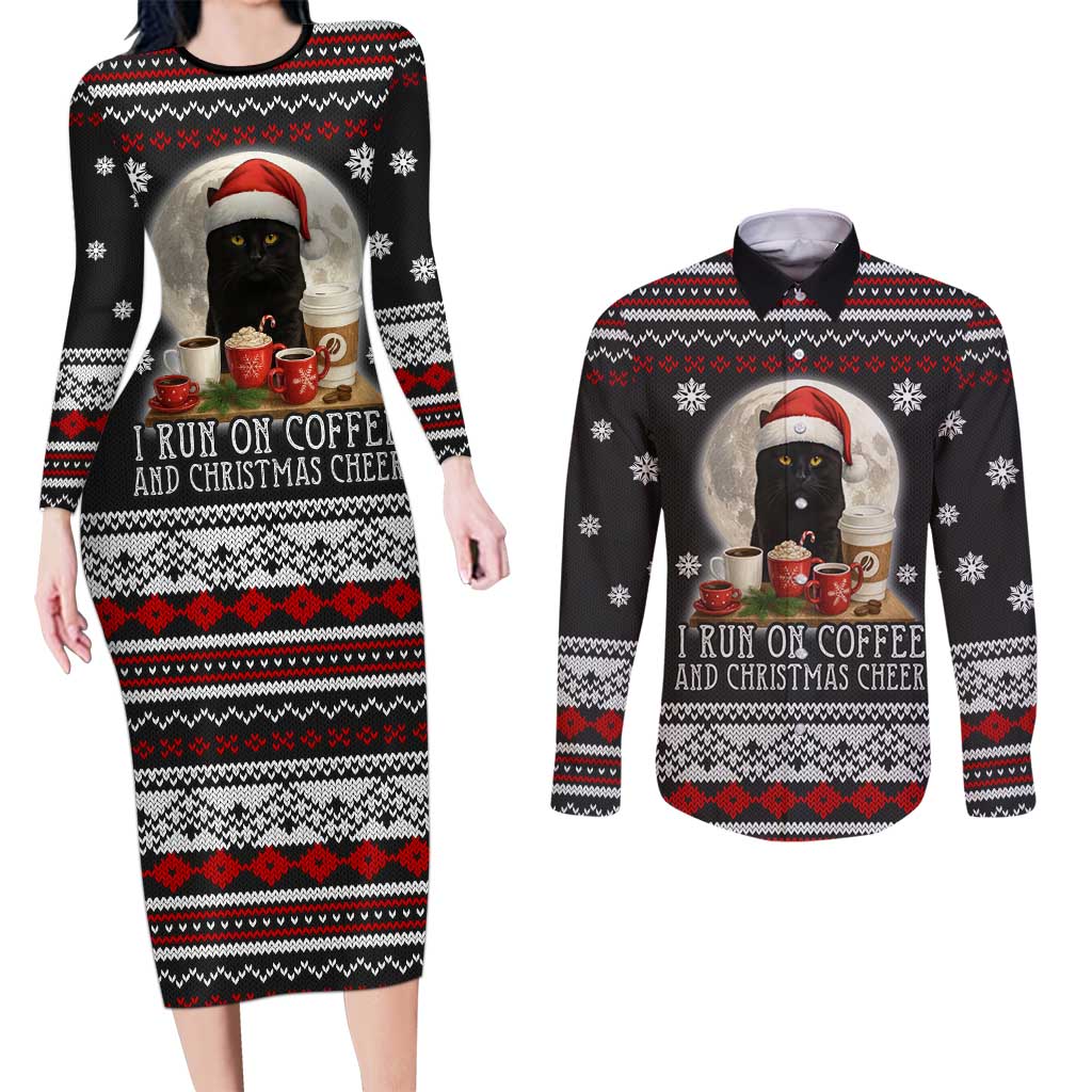 Black Cat Run On Coffee Couples Matching Long Sleeve Bodycon Dress and Long Sleeve Button Shirt Xmas Holiday Patterns - Wonder Print Shop