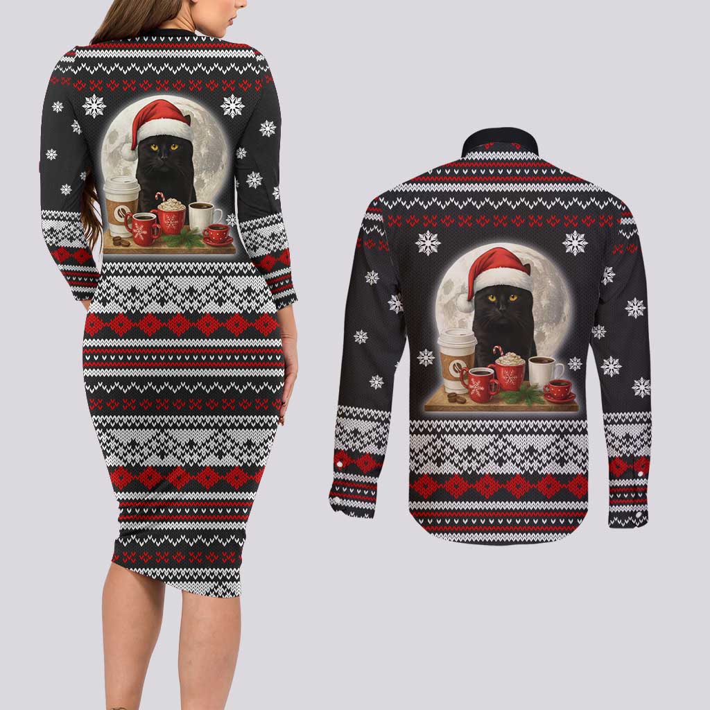 Black Cat Run On Coffee Couples Matching Long Sleeve Bodycon Dress and Long Sleeve Button Shirt Xmas Holiday Patterns - Wonder Print Shop