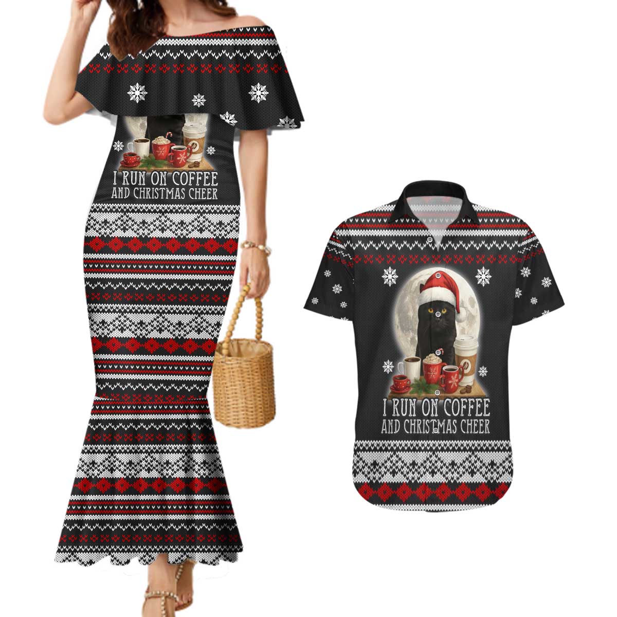 Black Cat Run On Coffee Couples Matching Mermaid Dress and Hawaiian Shirt Xmas Holiday Patterns - Wonder Print Shop