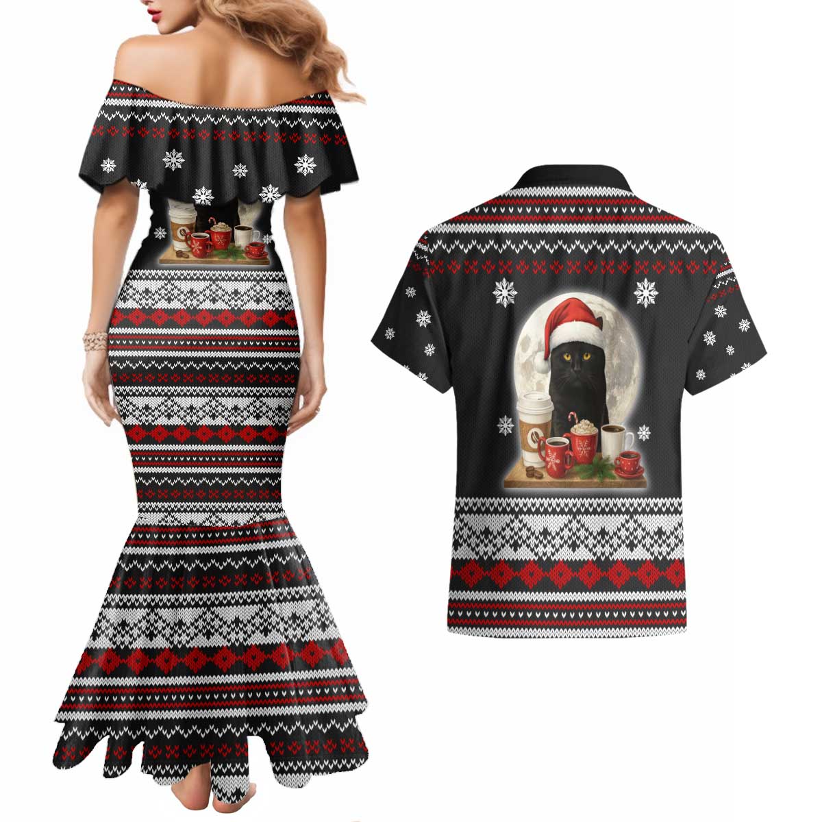 Black Cat Run On Coffee Couples Matching Mermaid Dress and Hawaiian Shirt Xmas Holiday Patterns - Wonder Print Shop