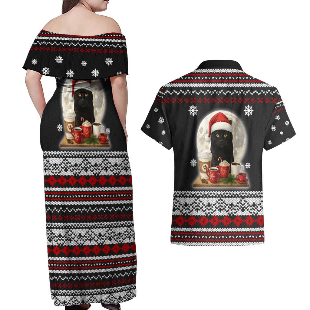 Black Cat Run On Coffee Couples Matching Off Shoulder Maxi Dress and Hawaiian Shirt Xmas Holiday Patterns - Wonder Print Shop