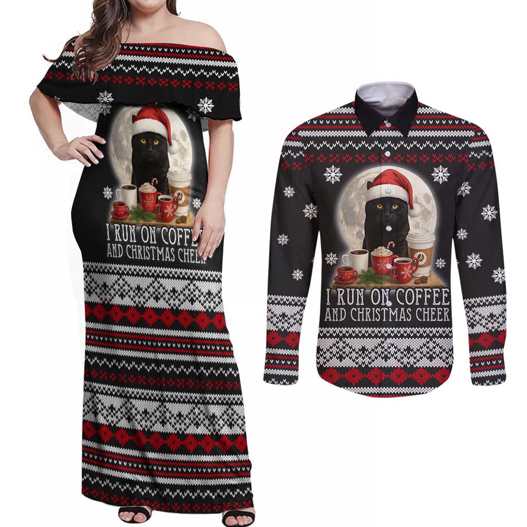 Black Cat Run On Coffee Couples Matching Off Shoulder Maxi Dress and Long Sleeve Button Shirt Xmas Holiday Patterns - Wonder Print Shop