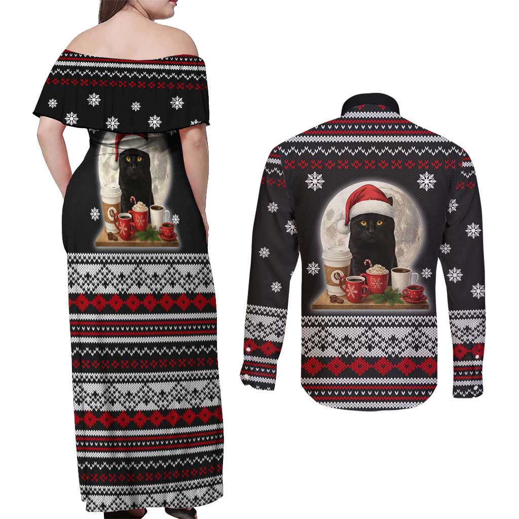 Black Cat Run On Coffee Couples Matching Off Shoulder Maxi Dress and Long Sleeve Button Shirt Xmas Holiday Patterns - Wonder Print Shop
