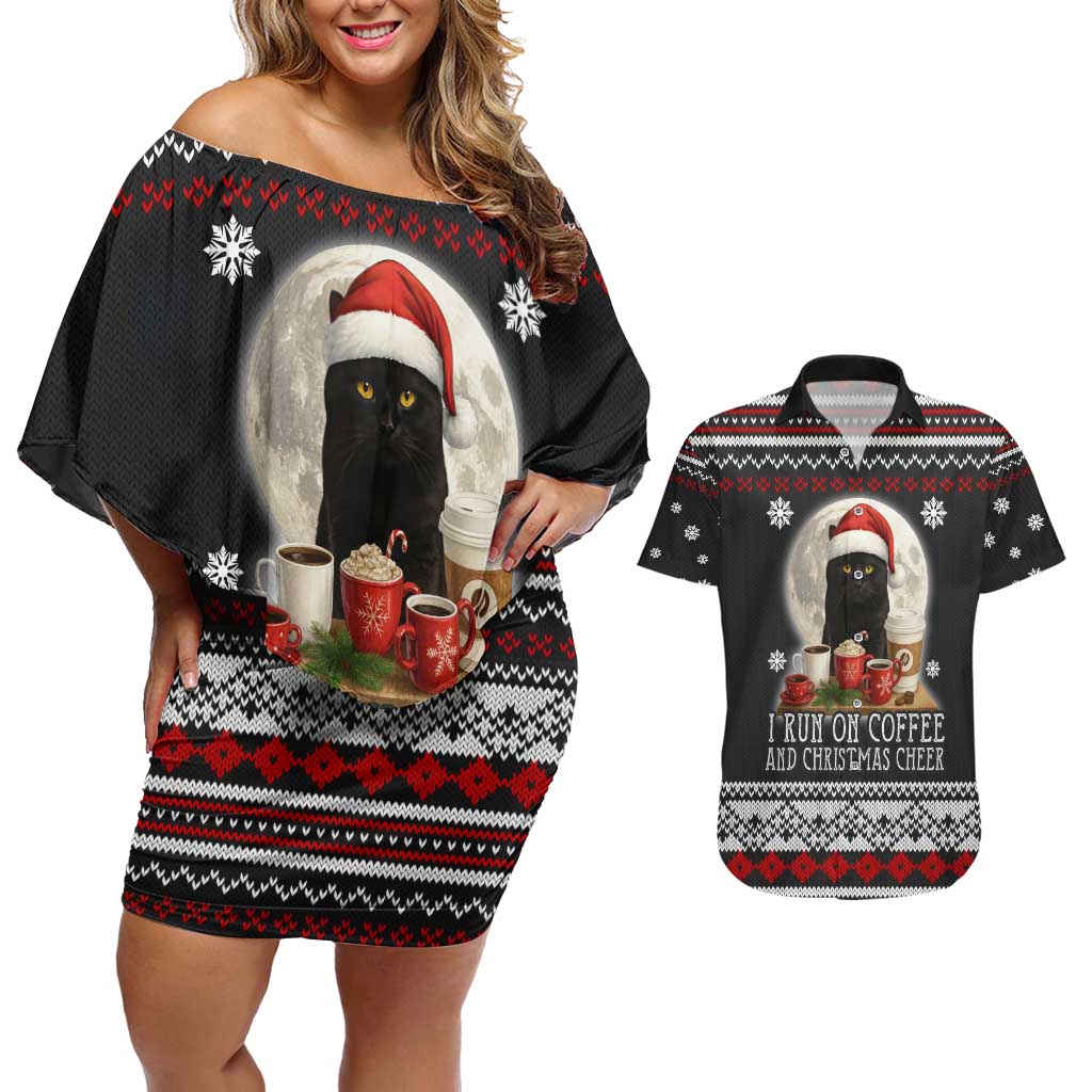 Black Cat Run On Coffee Couples Matching Off Shoulder Short Dress and Hawaiian Shirt Xmas Holiday Patterns - Wonder Print Shop